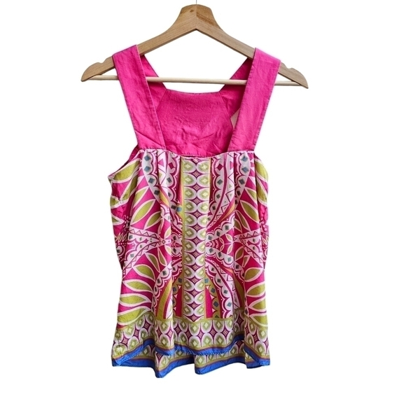 100% Silk Geometric Print Pink And Green Bib Front Banana Republic Top, Size XS - Picture 2 of 9